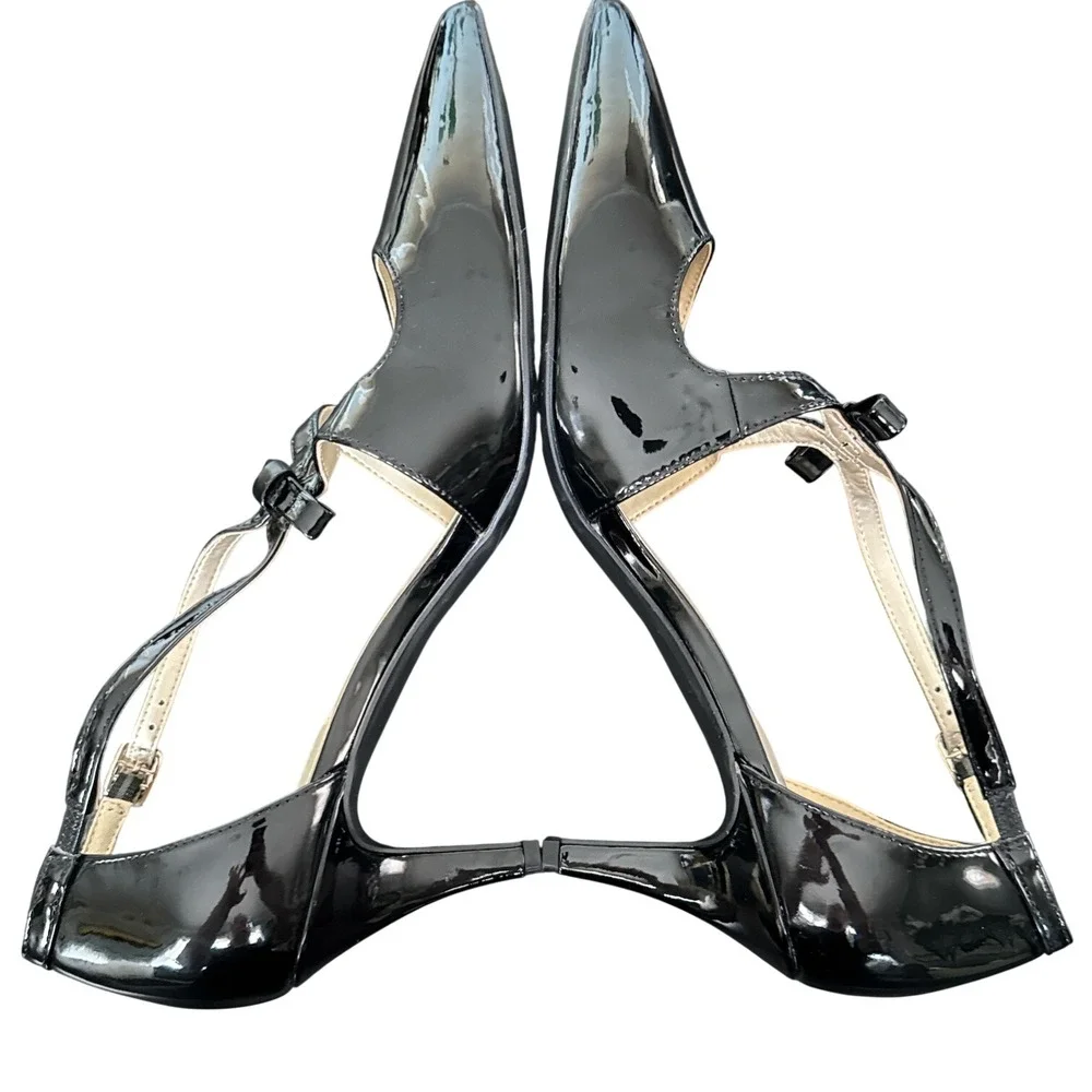 Bandolino Black Patent T-Strap Bow Pumps Womens Size 11M Pointed Stiletto Heels - Picture 4 of 13